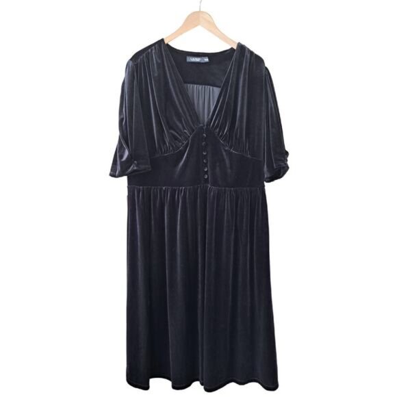 LAUREN Ralph Lauren Black Velvet V-Neck Puff Sleeve A-Line Midi Dress Size 2X - Picture 3 of 14